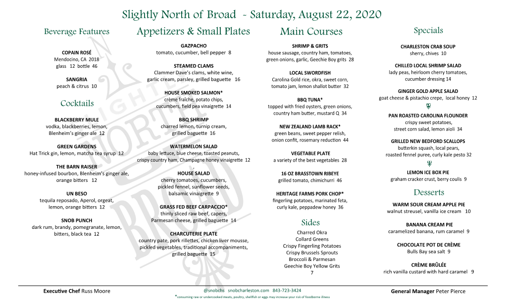 Slightly North of Broad - Saturday, August 22, 2020
