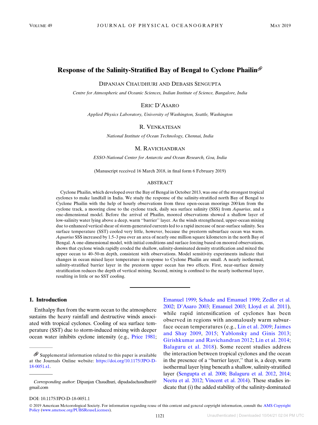 Response of the Salinity-Stratified Bay of Bengal to Cyclone Phailin