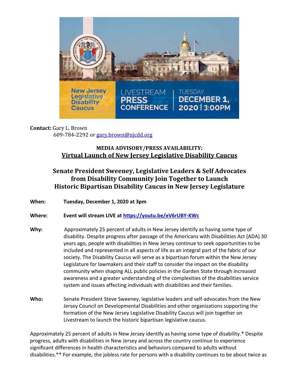 MEDIA ADVISORY/PRESS AVAILABILITY: Virtual Launch of New Jersey Legislative Disability Caucus