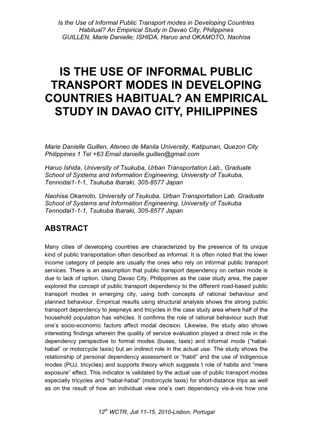 Is the Use of Informal Public Transport Modes in Developing