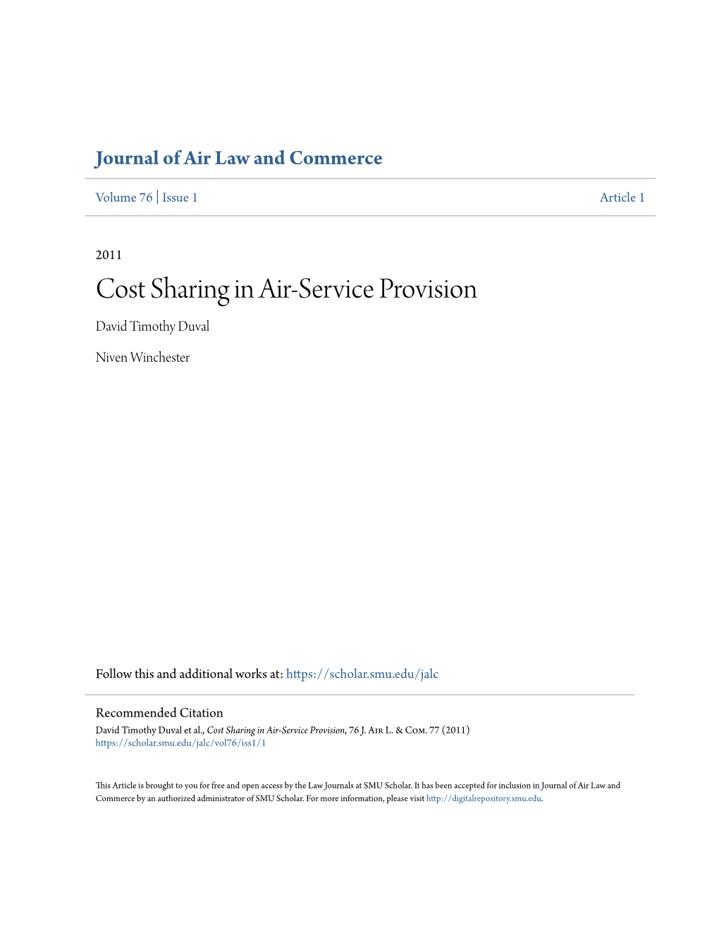 Cost Sharing in Air-Service Provision David Timothy Duval