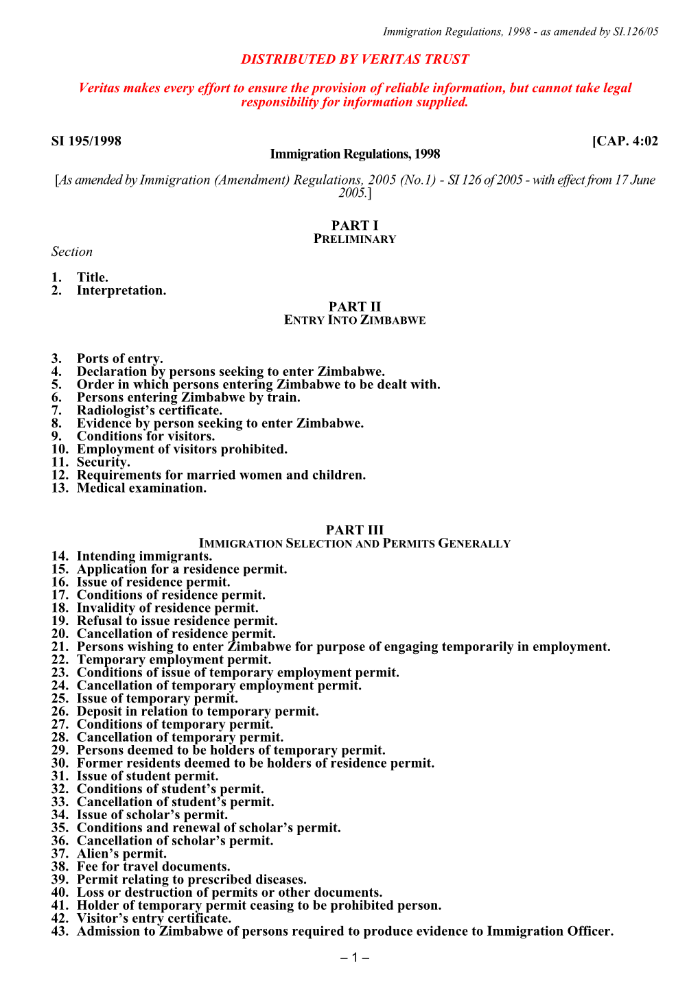 Immigration Regulations S.I.195/1998 Updated2005