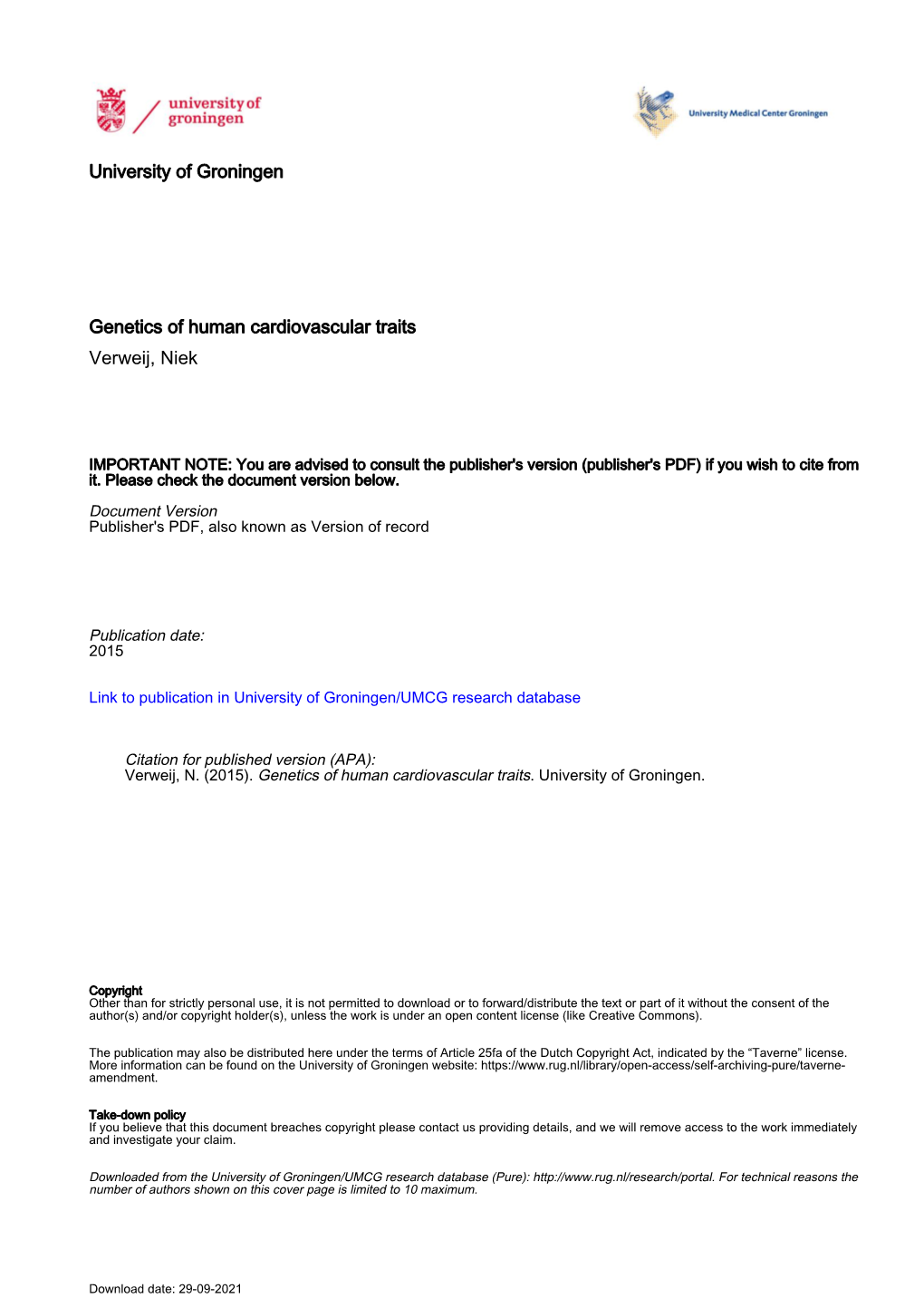 University of Groningen Genetics of Human Cardiovascular Traits Verweij