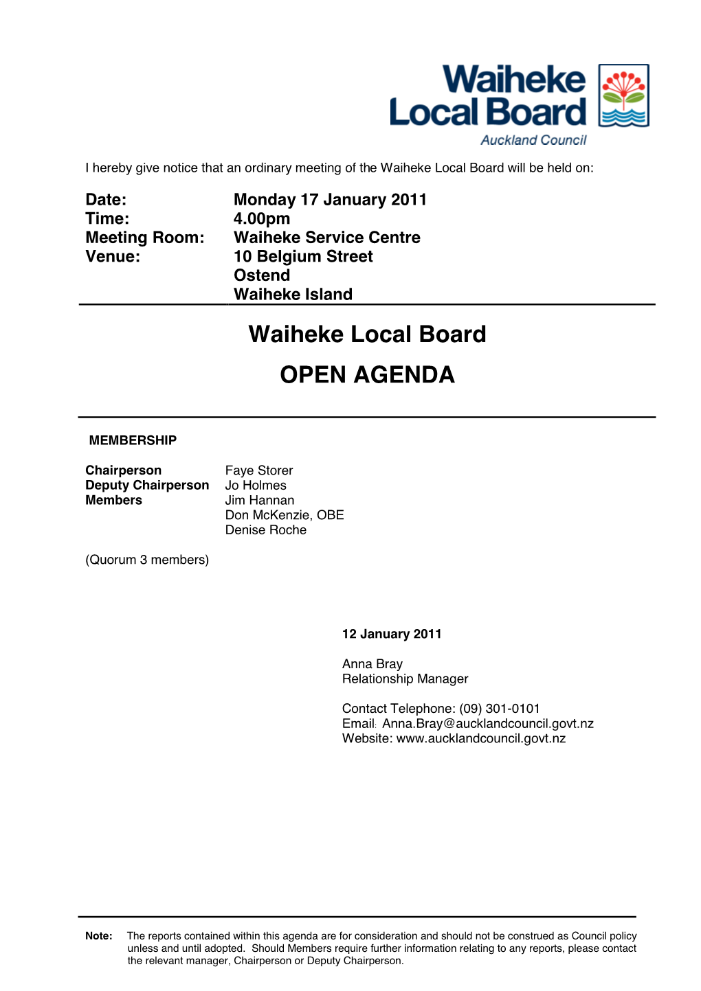 Waiheke Local Board Agenda 17 January 2011