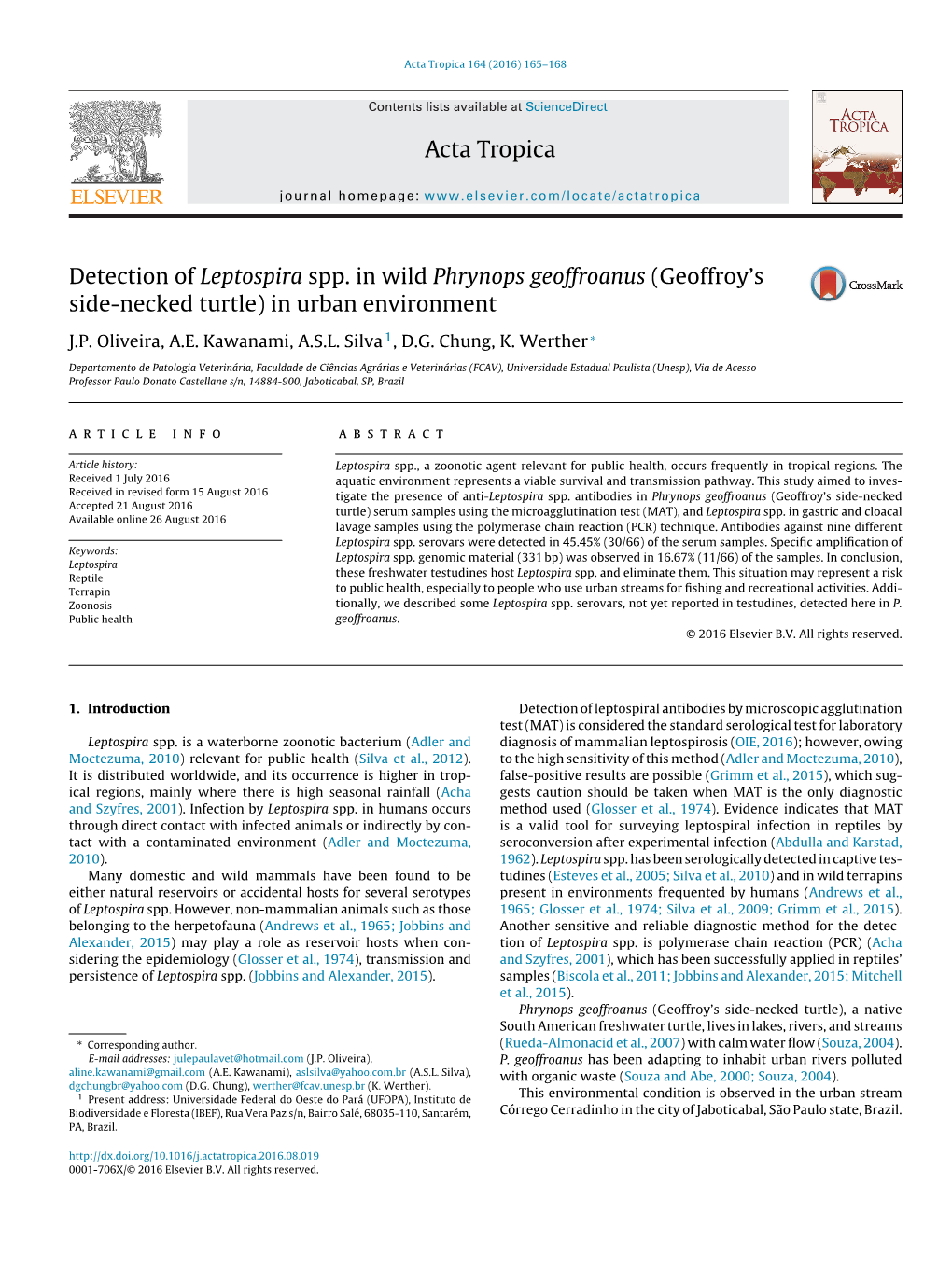 Detection of Leptospira Spp. in Wild Phrynops Geoffroanus (Geoffroy's Side-Necked Turtle) in Urban Environment