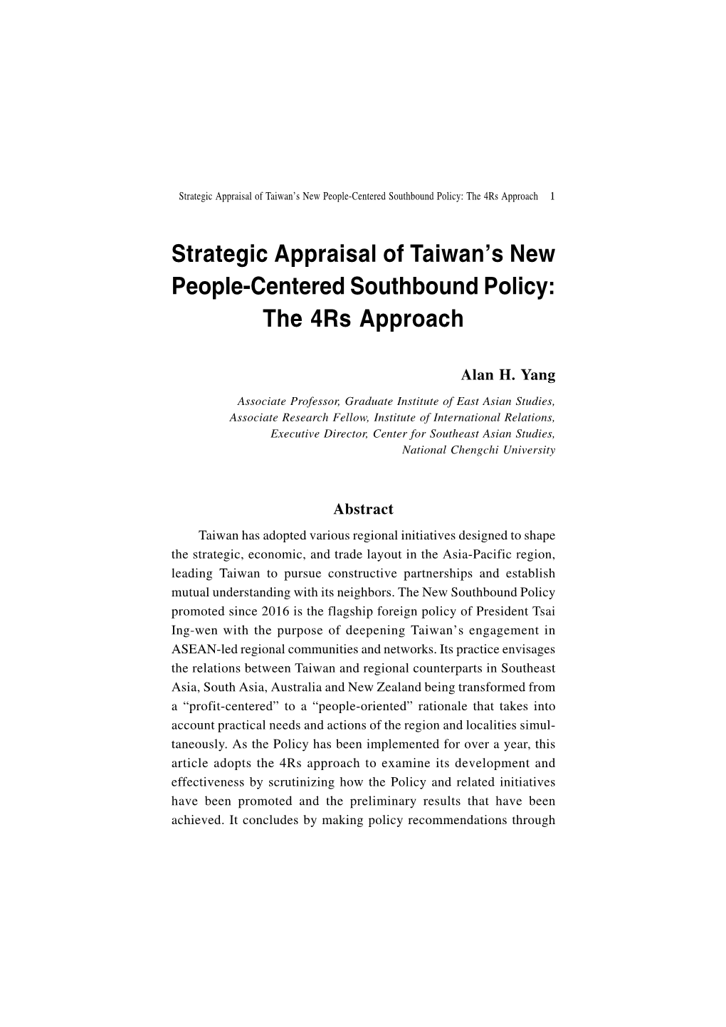 Strategic Appraisal of Taiwan's New People-Centered Southbound Policy: the 4Rs Approach