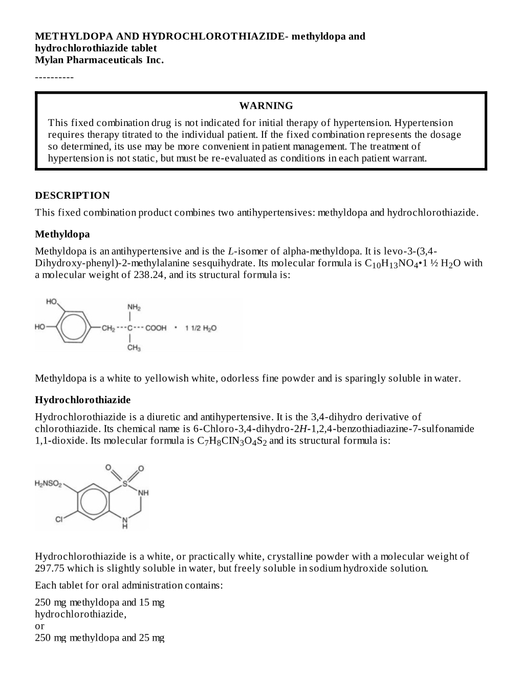 METHYLDOPA and HYDROCHLOROTHIAZIDE- Methyldopa and Hydrochlorothiazide Tablet Mylan Pharmaceuticals Inc