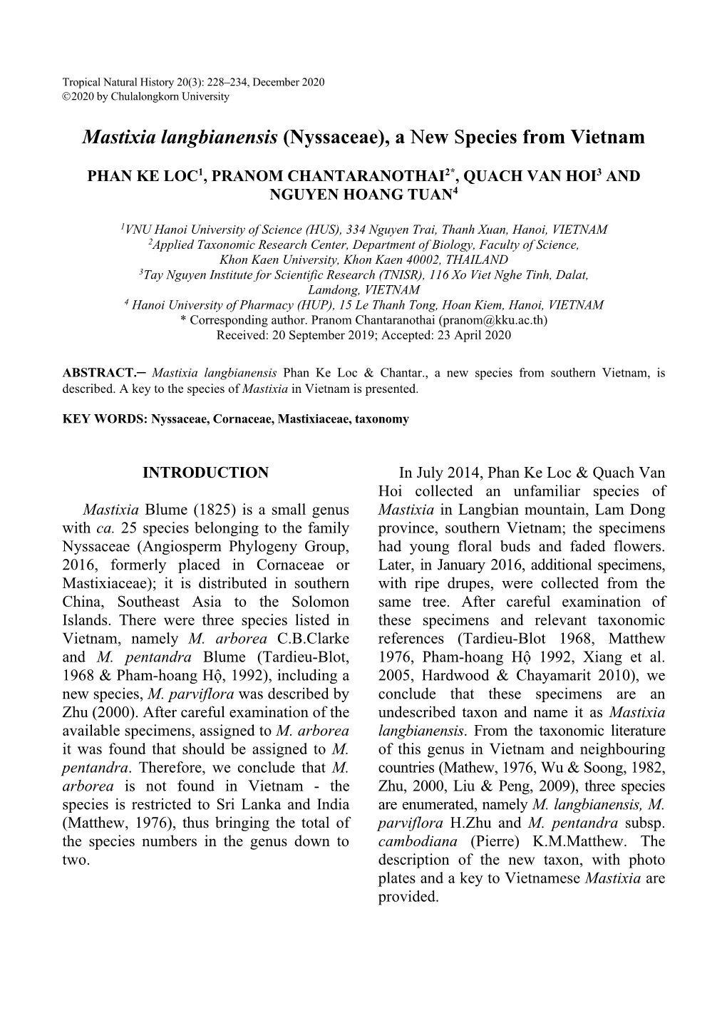 Mastixia Langbianensis (Nyssaceae), a New Species from Vietnam