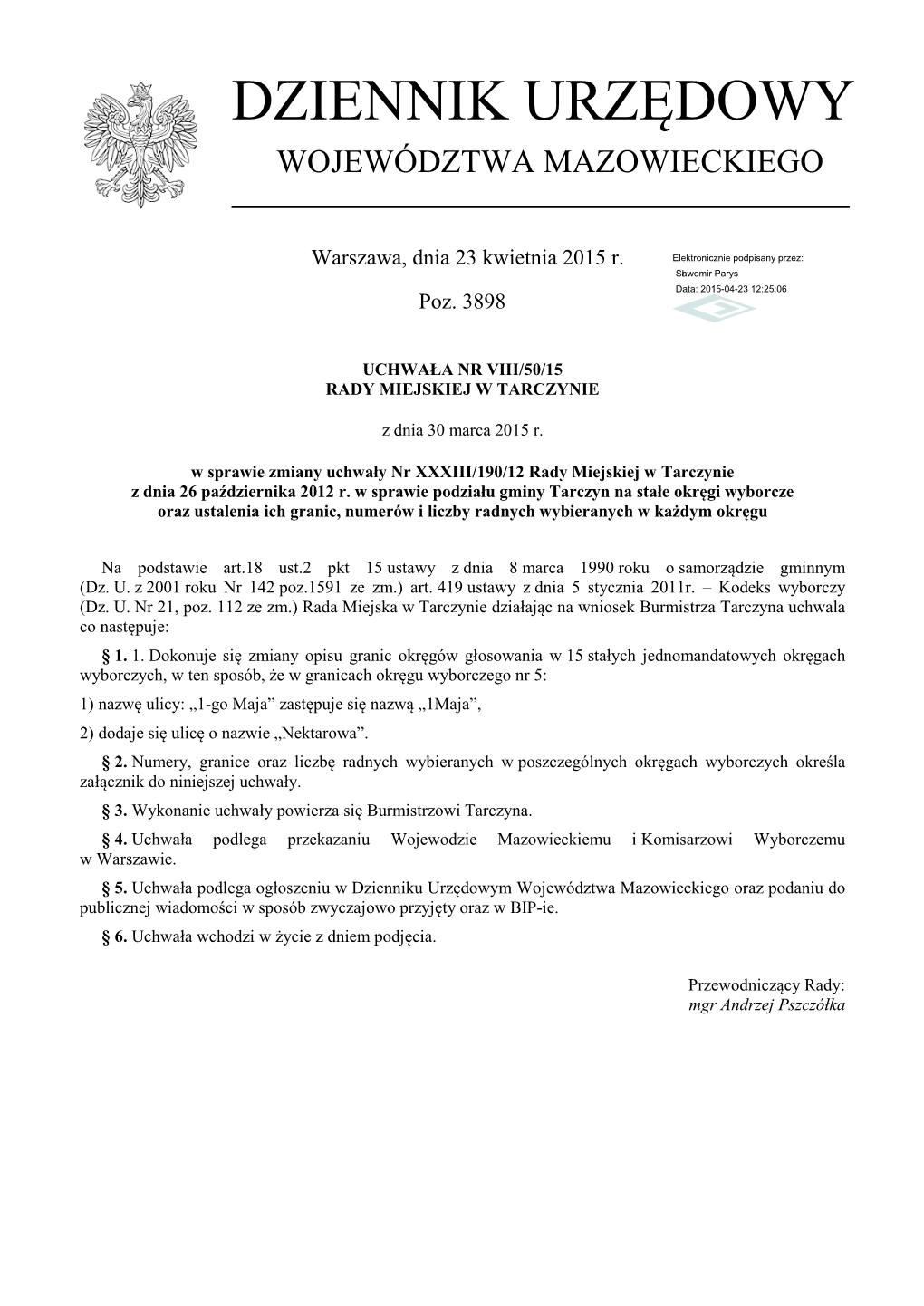 Uchwała Nr VIII/50/15 Z Dnia 30 Marca 2015 R