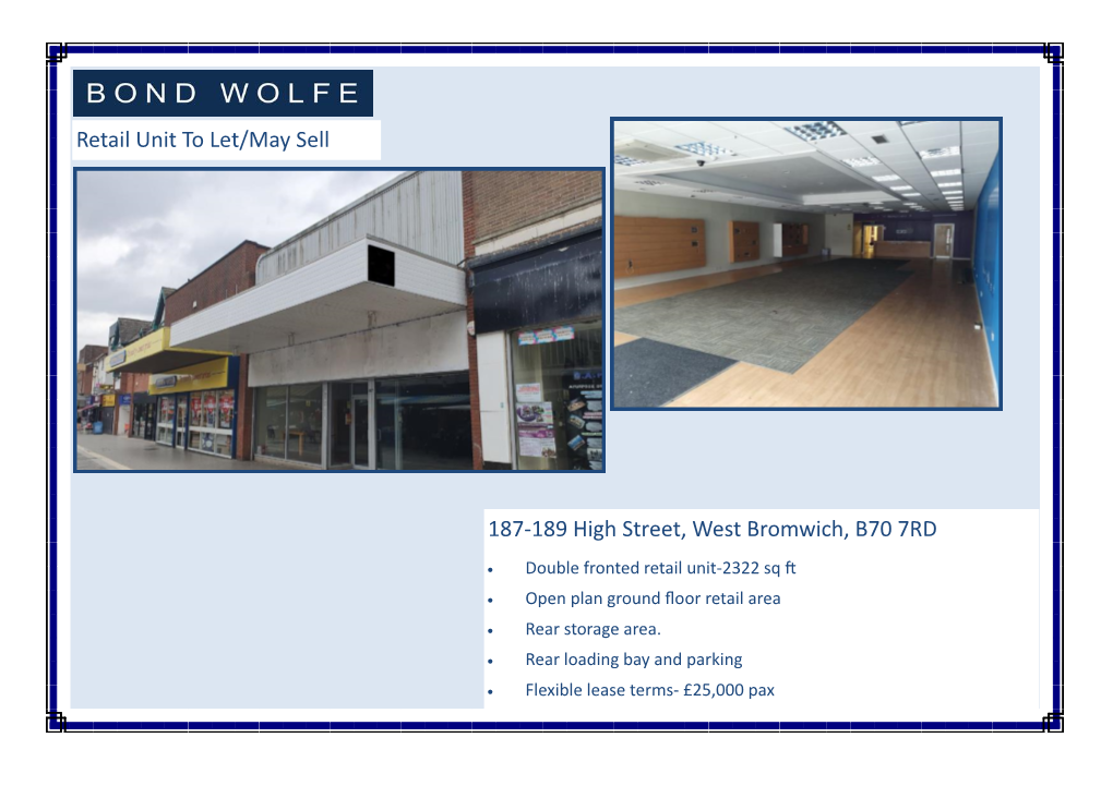 Retail Unit to Let/May Sell 187-189 High Street, West Bromwich, B70