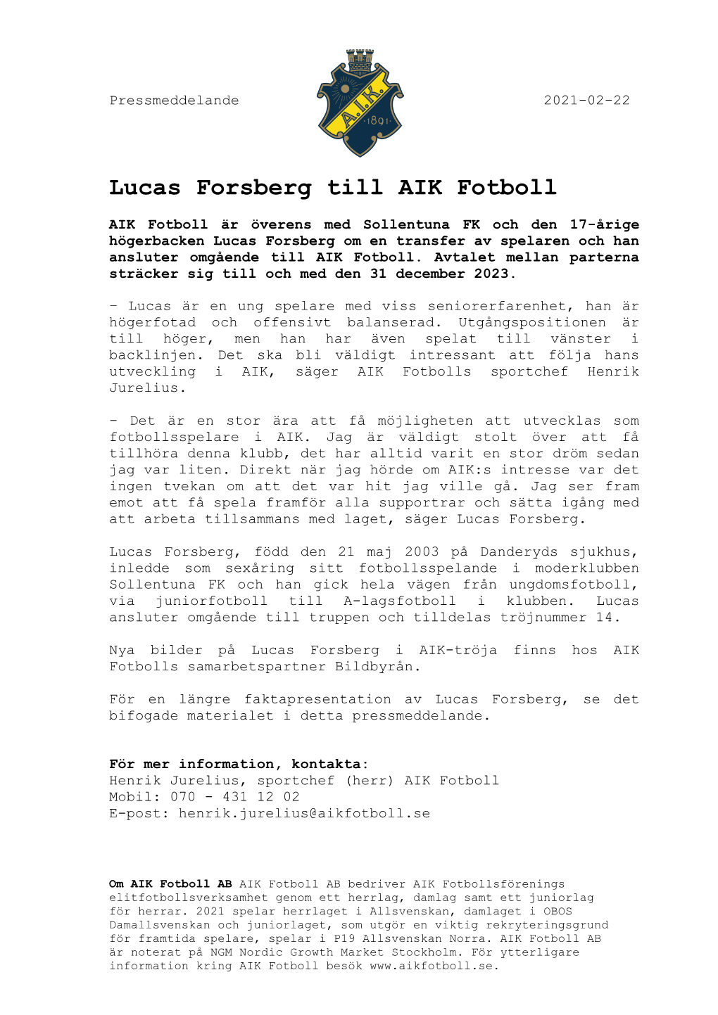 Lucas Forsberg Till AIK Fotboll