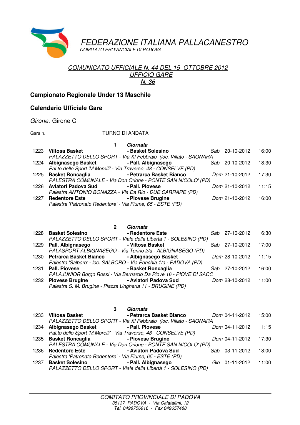 Federazione Italiana Pallacanestro Comitato Provinciale Di Padova