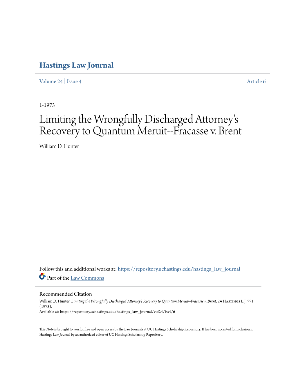 Limiting the Wrongfully Discharged Attorney's Recovery to Quantum Meruit--Fracasse V