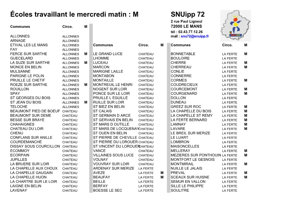 Écoles Travaillant Le Mercredi Matin : M Snuipp 72 2 Rue Paul Ligneul Communes Circo