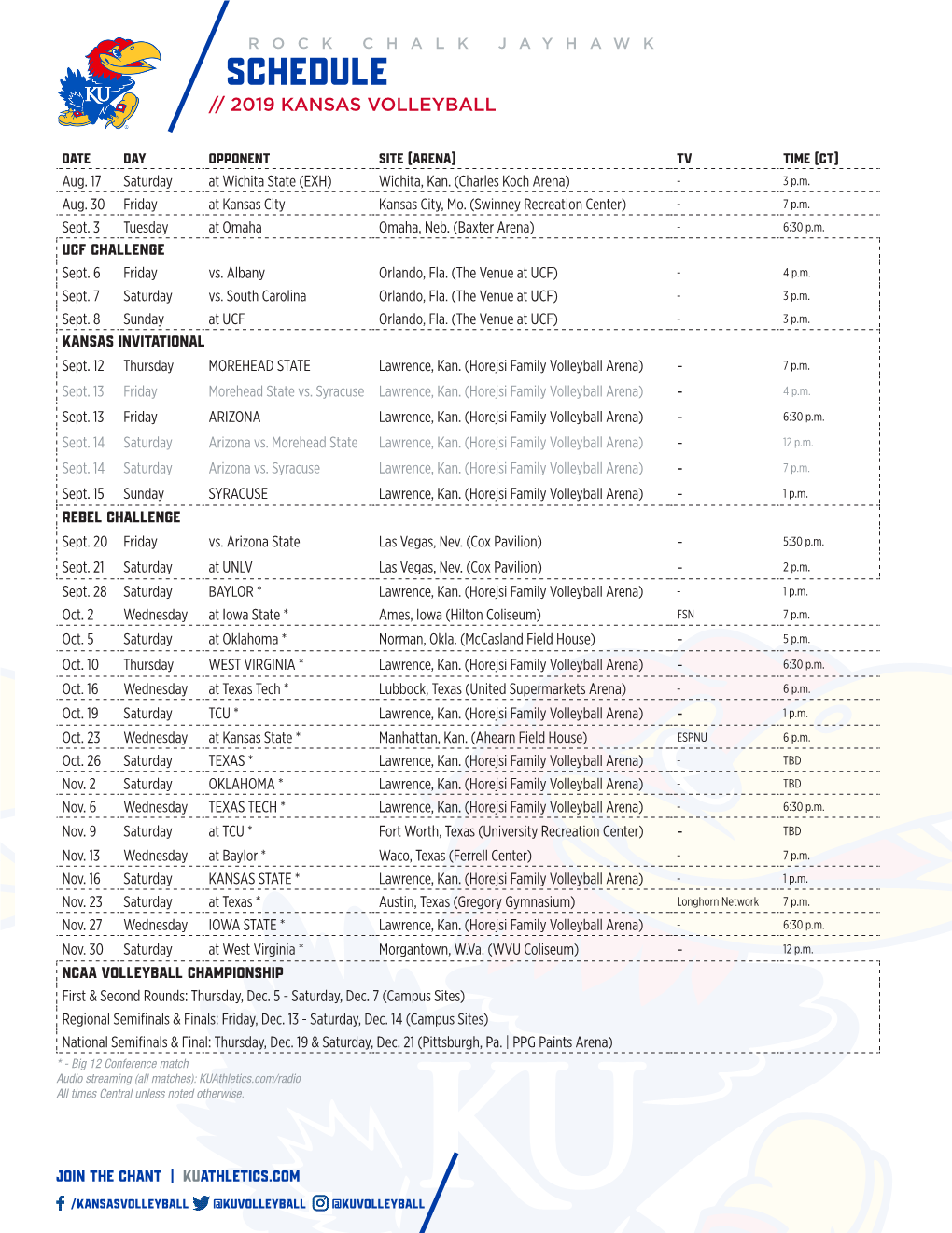 Schedule // 2019 Kansas Volleyball