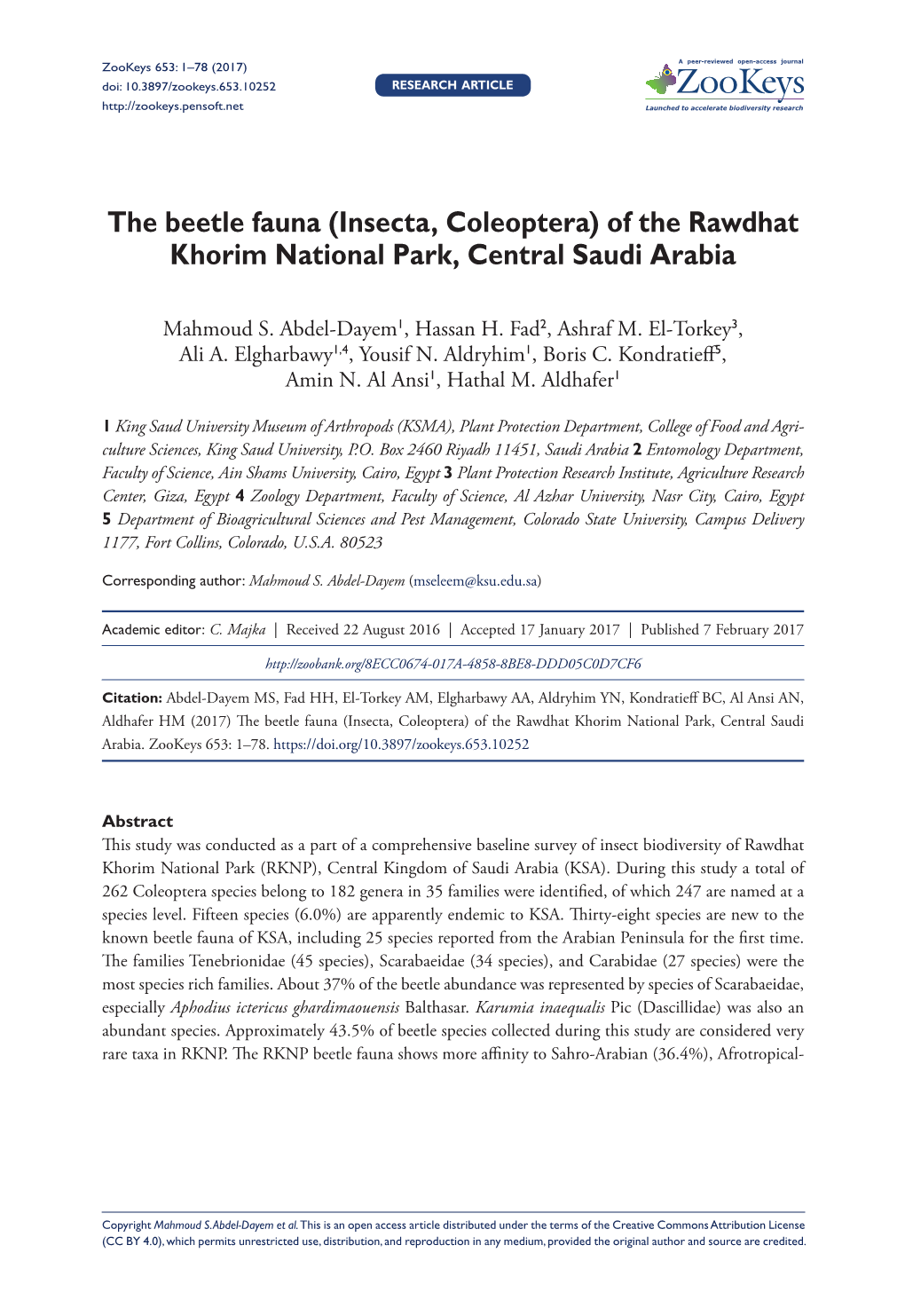 The Beetle Fauna (Insecta, Coleoptera) of the Rawdhat Khorim National Park, Central Saudi Arabia