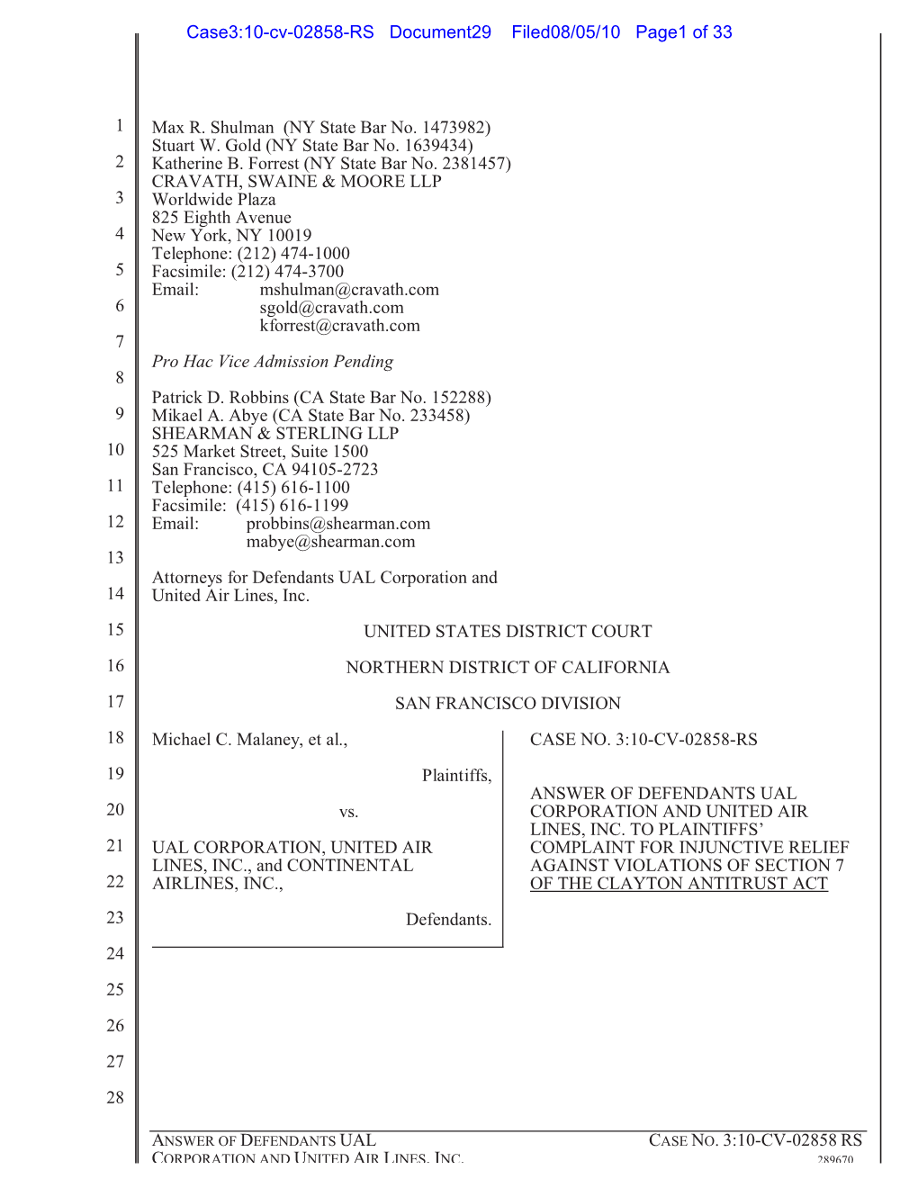 Answer of Defendant UAL Corp