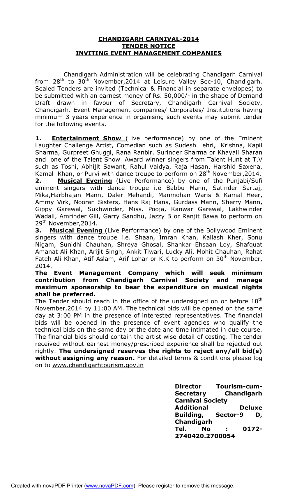 Chandigarh Carnival-2014 Tender Notice Inviting Event Management Companies
