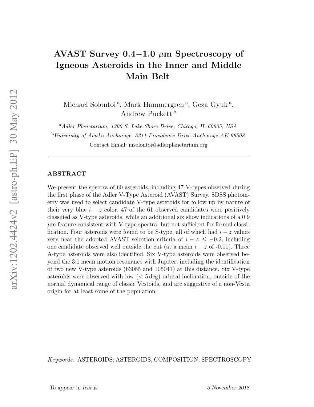 AVAST Survey 0.4-1.0 {\Mu} M Spectroscopy of Igneous Asteroids