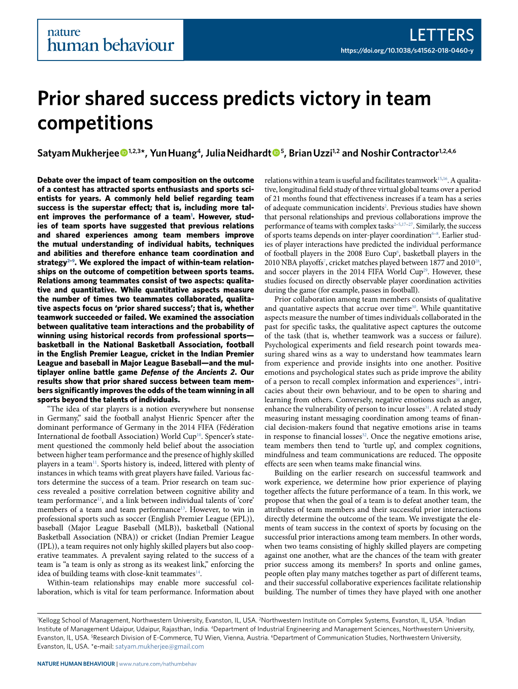 Prior Shared Success Predicts Victory in Team Competitions