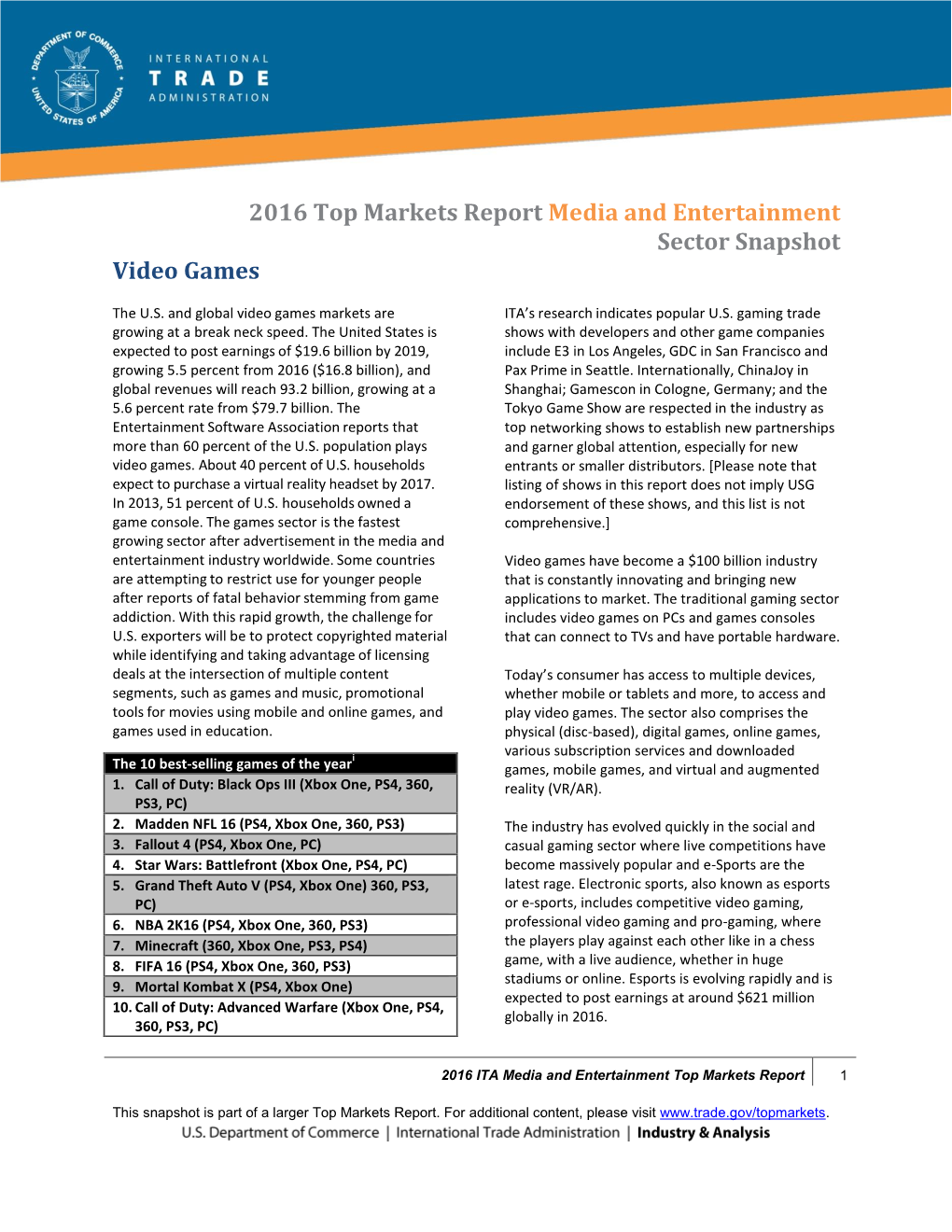 2016 Top Markets Report Media and Entertainment Sector Snapshot Video Games
