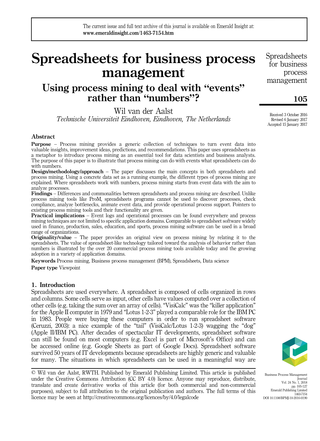 Spreadsheets for Business Process Management