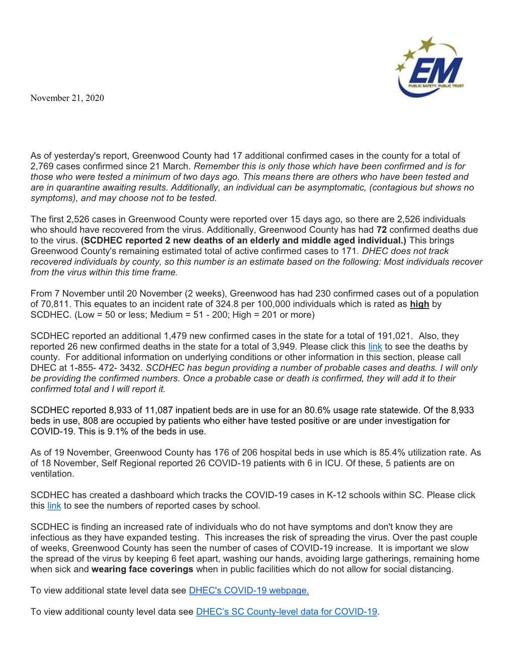 November 21, 2020 As of Yesterday's Report, Greenwood County Had 17