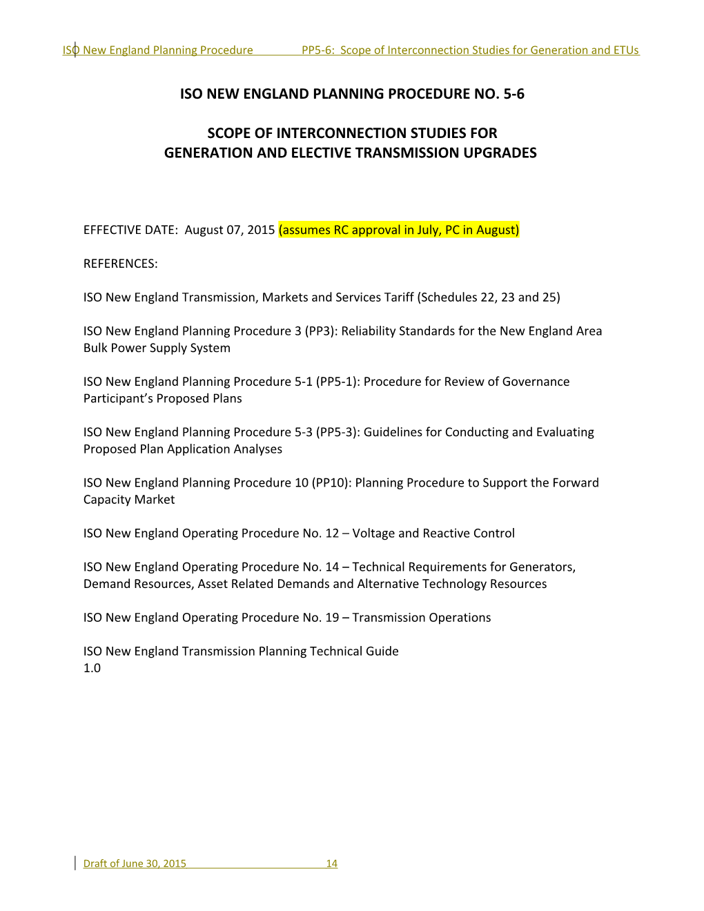 Iso New England Planning Procedure No. 5-6