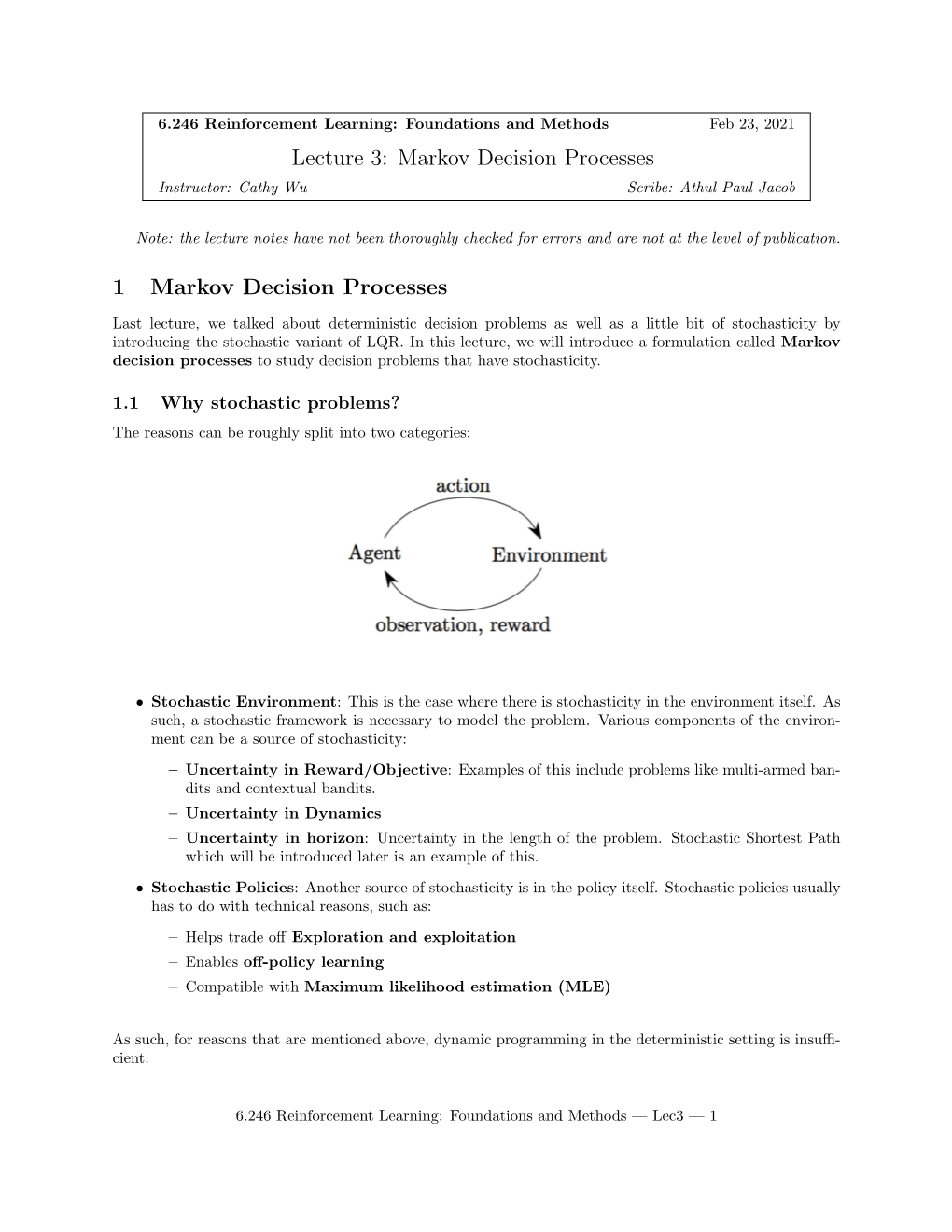 Note: the Lecture Notes Have Not Been Thoroughly Checked for Errors and Are Not at the Level of Publication