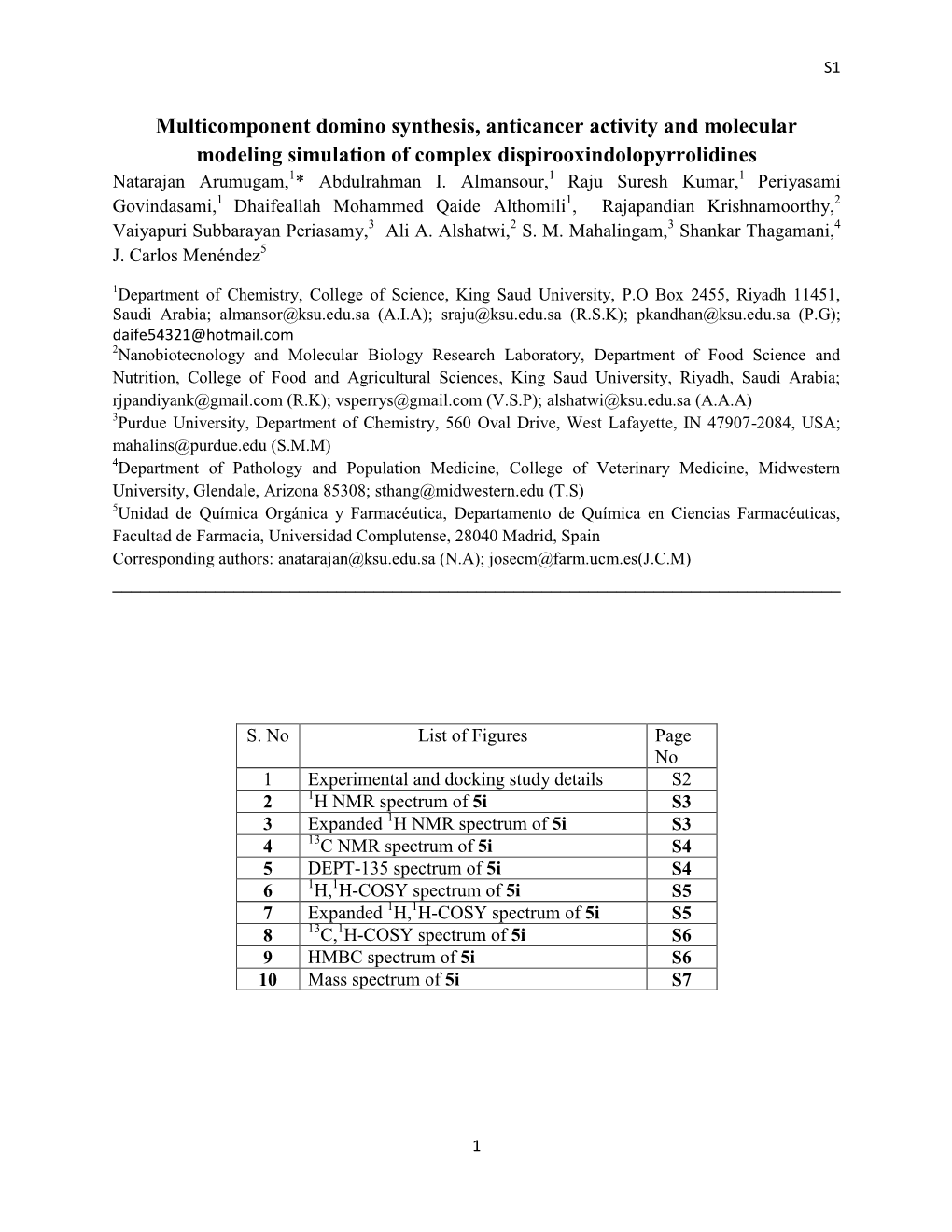 Multicomponent Domino Synthesis, Anticancer Activity and Molecular Modeling Simulation of Complex Dispirooxindolopyrrolidines Natarajan Arumugam,1* Abdulrahman I