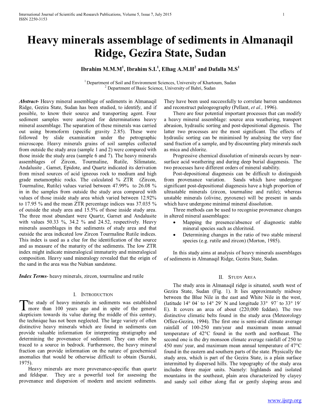 Heavy Minerals Assemblage of Sediments in Almanaqil Ridge, Gezira State, Sudan