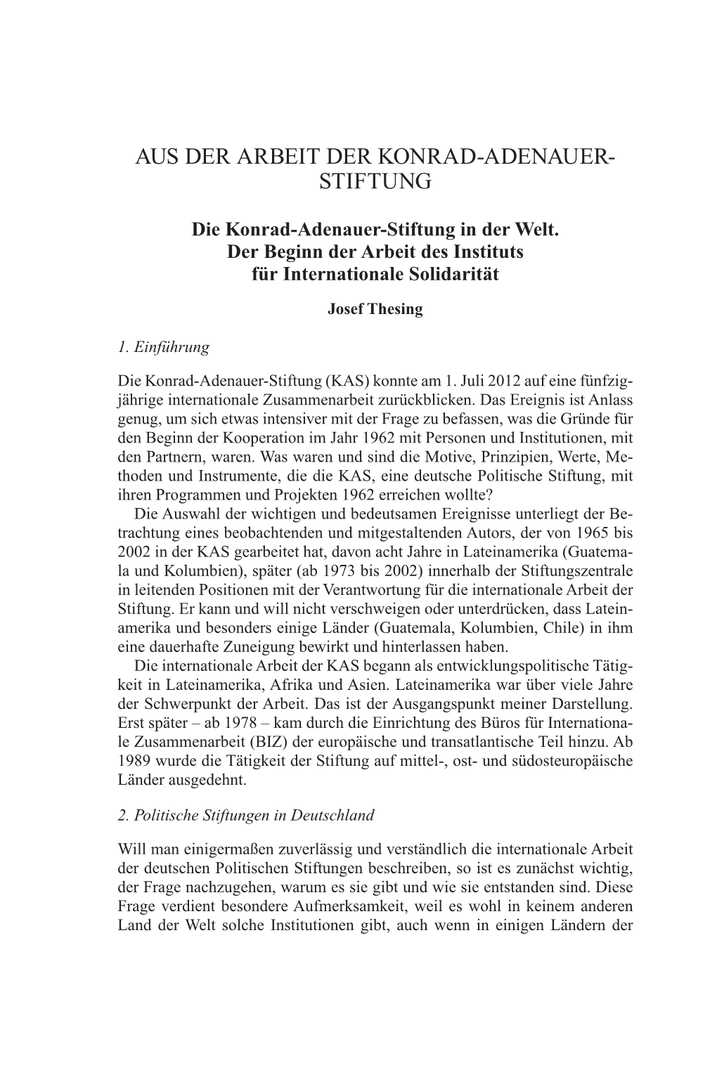 Die Konrad-Adenauer-Stiftung in Der Welt. Der Beginn Der Arbeit Des Instituts Für Internationale Solidarität