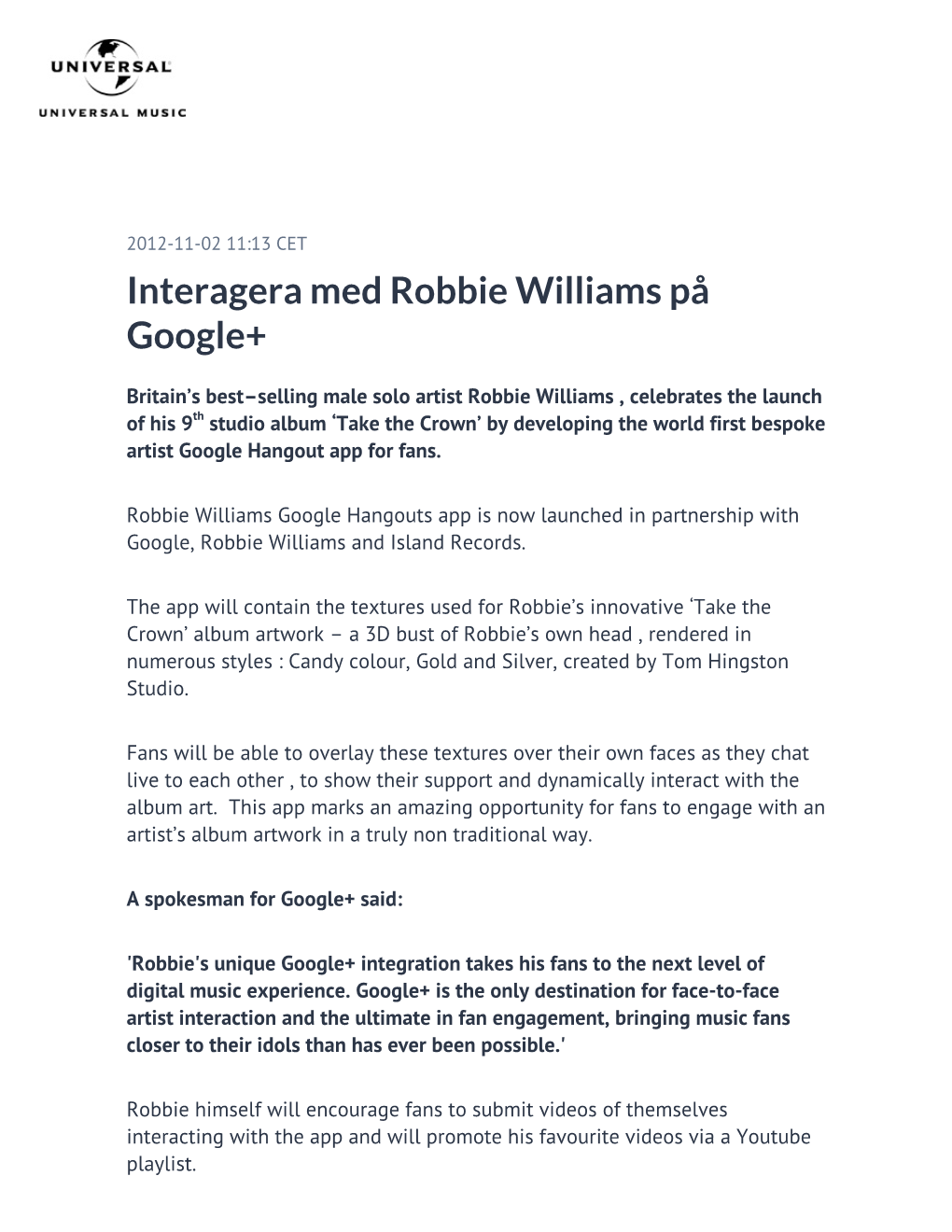 Interagera Med Robbie Williams På Google+