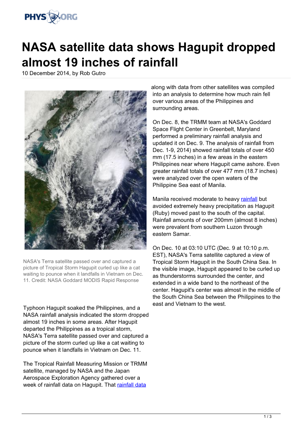 NASA Satellite Data Shows Hagupit Dropped Almost 19 Inches of Rainfall 10 December 2014, by Rob Gutro