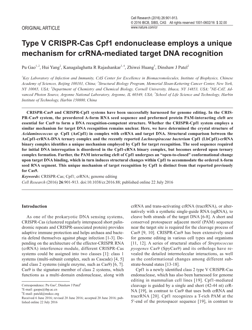 Type V CRISPR-Cas Cpf1 Endonuclease Employs a Unique Mechanism for Crrna-Mediated Target DNA Recognition