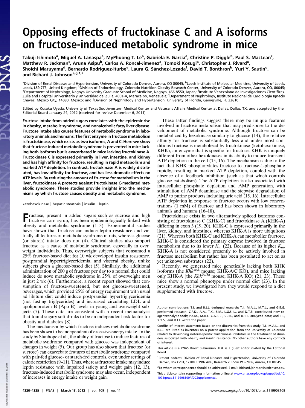 Opposing Effects of Fructokinase C and a Isoforms on Fructose-Induced Metabolic Syndrome in Mice