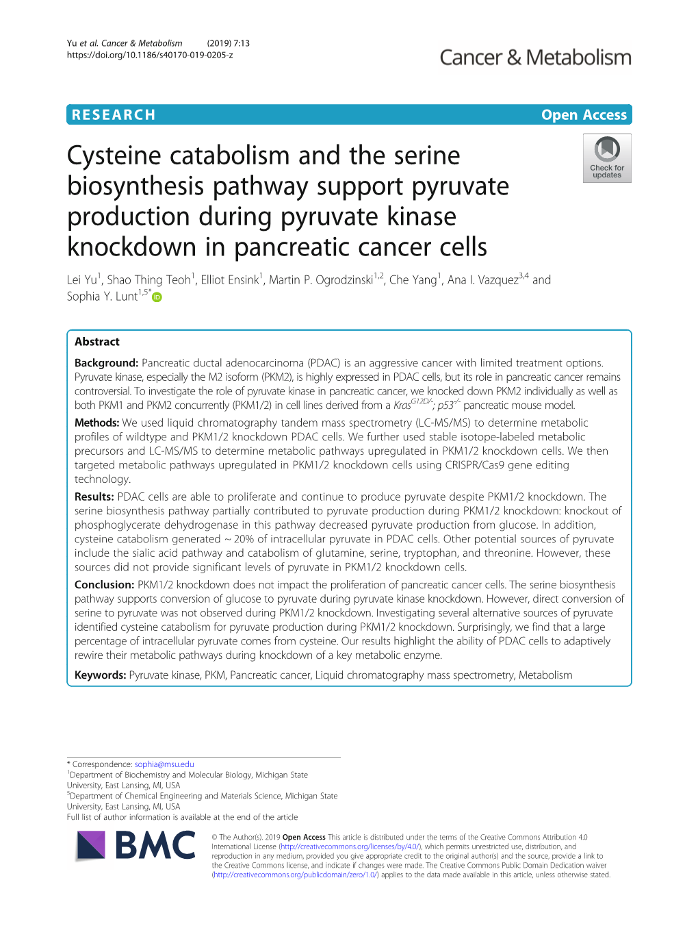 Cysteine Catabolism and the Serine Biosynthesis Pathway Support Pyruvate Production During Pyruvate Kinase Knockdown in Pancreat