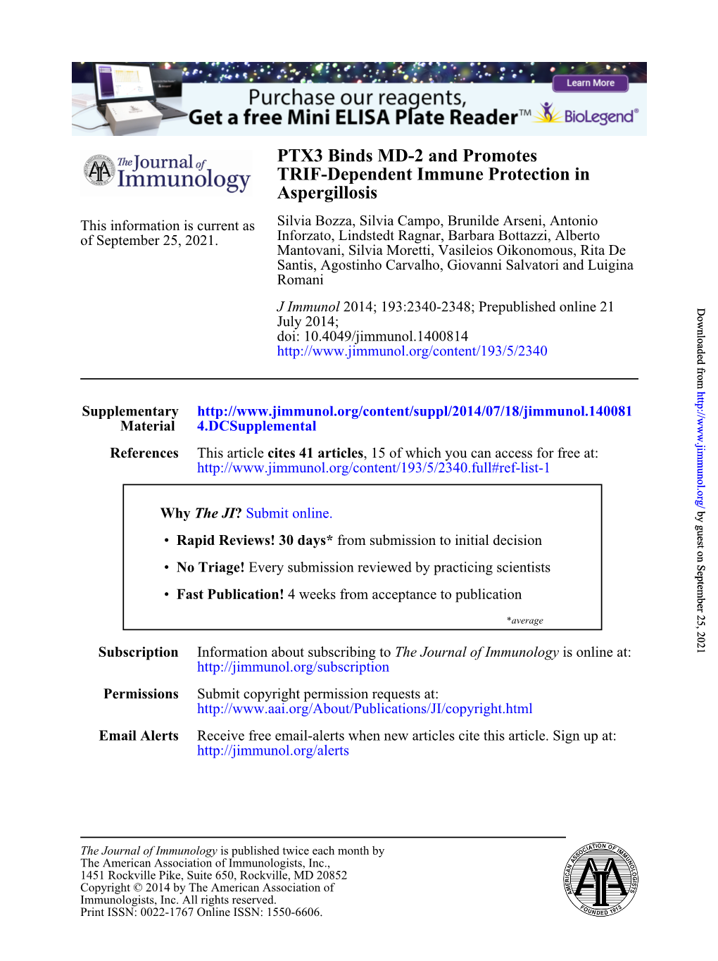 Aspergillosis TRIF-Dependent Immune Protection in PTX3 Binds MD-2 and Promotes