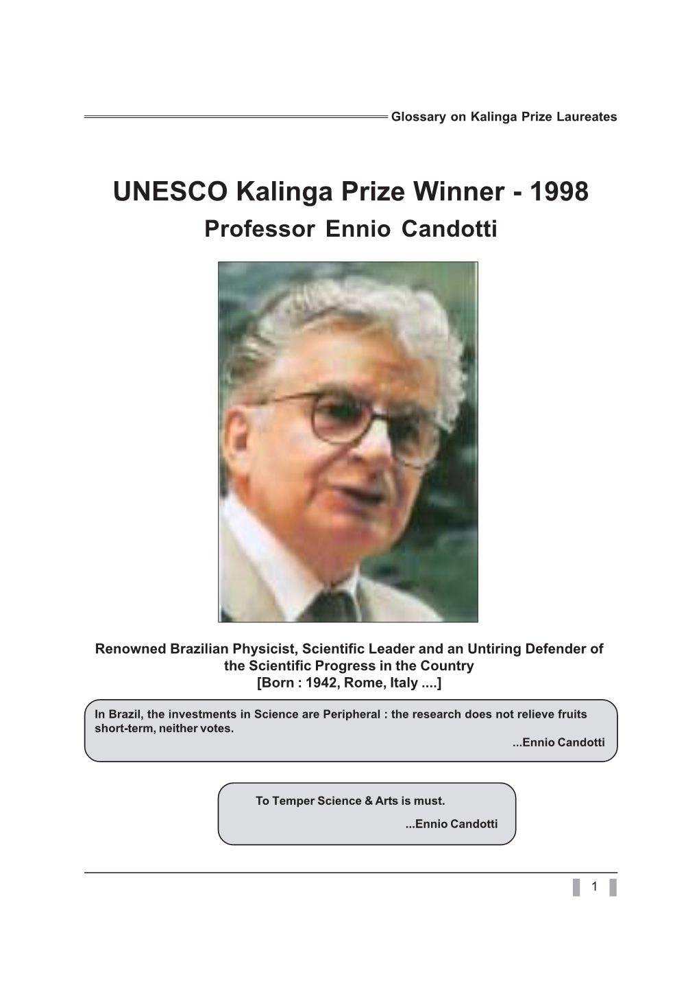 UNESCO Kalinga Prize Winner - 1998 Professor Ennio Candotti
