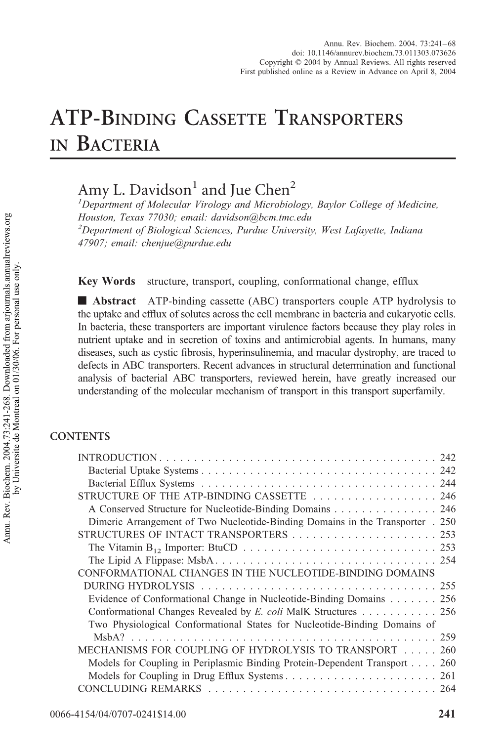 Atp-Binding Cassette Transporters in Bacteria