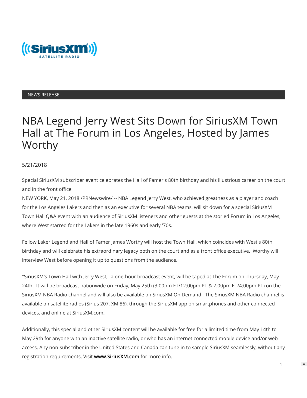 NBA Legend Jerry West Sits Down for Siriusxm Town Hall at the Forum in Los Angeles, Hosted by James Worthy