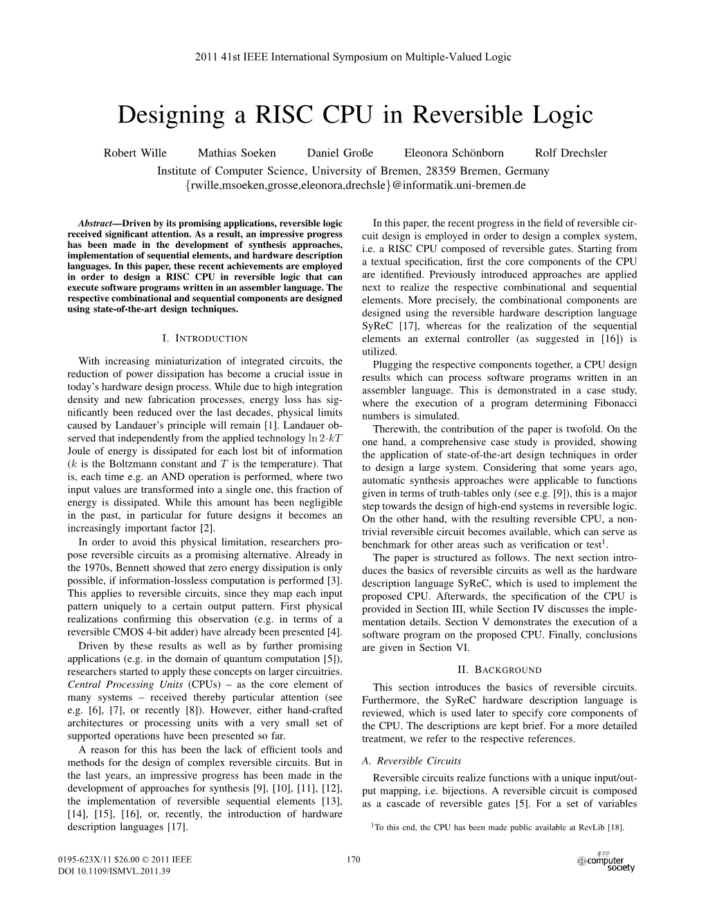 Designing a RISC CPU in Reversible Logic