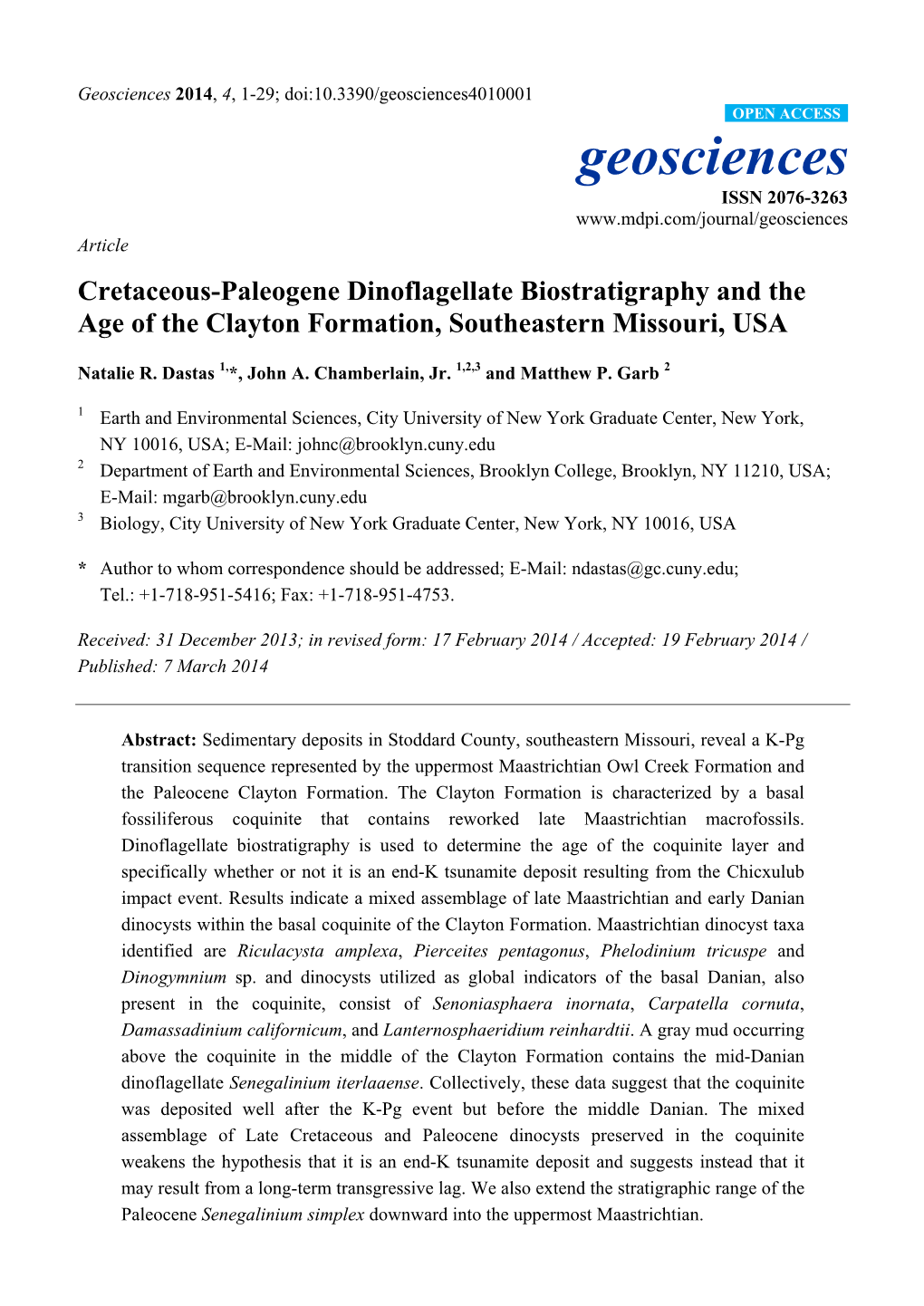 Cretaceous-Paleogene Dinoflagellate Biostratigraphy and the Age of the Clayton Formation, Southeastern Missouri, USA