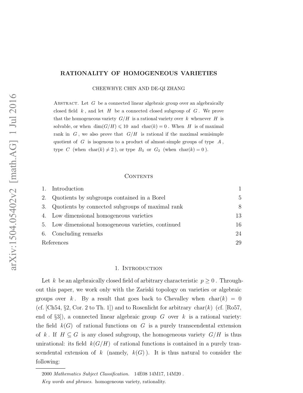 Arxiv:1504.05402V2 [Math.AG] 1 Jul 2016 C.[Ch54, (Cf