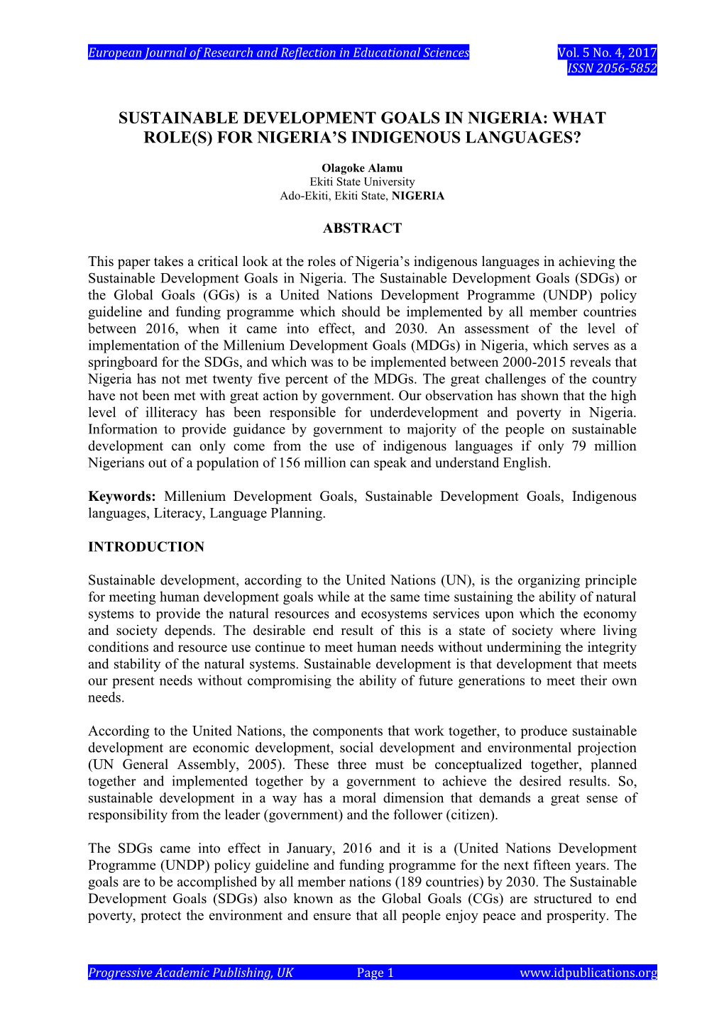 Sustainable Development Goals in Nigeria: What Role(S) for Nigeria’S Indigenous Languages?