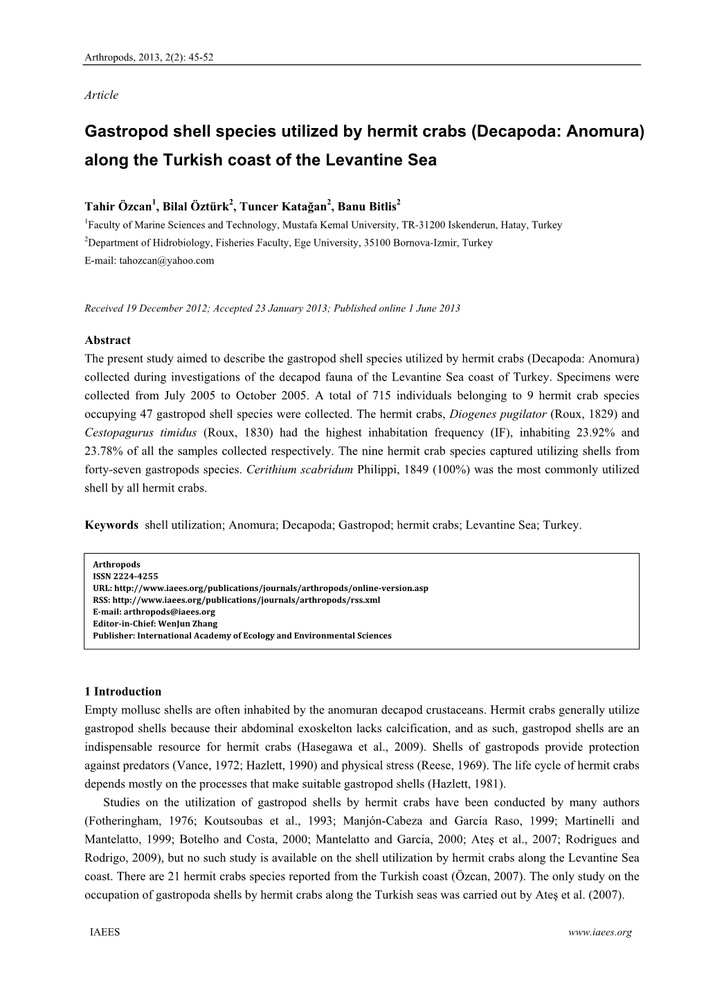 Gastropod Shell Species Utilized by Hermit Crabs (Decapoda: Anomura) Along the Turkish Coast of the Levantine Sea