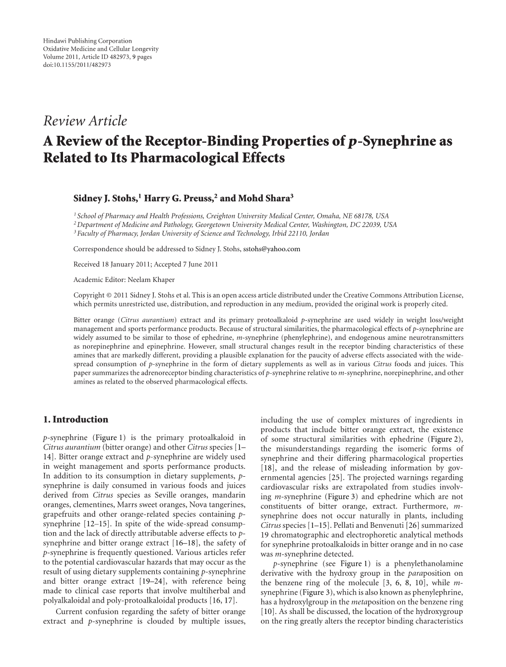 A Review of the Receptor-Binding Properties of P-Synephrine As Related to Its Pharmacological Effects