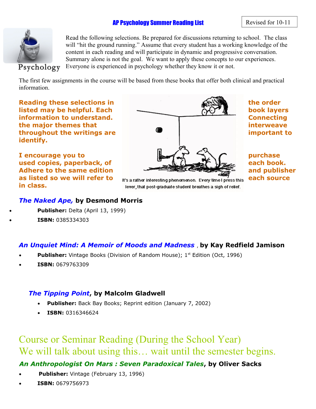 AP Psychology Summer Reading List