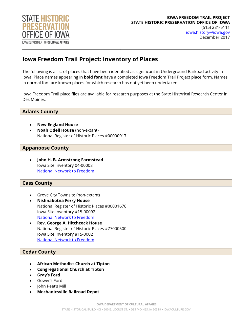 Iowa Freedom Trail Project: Inventory of Places