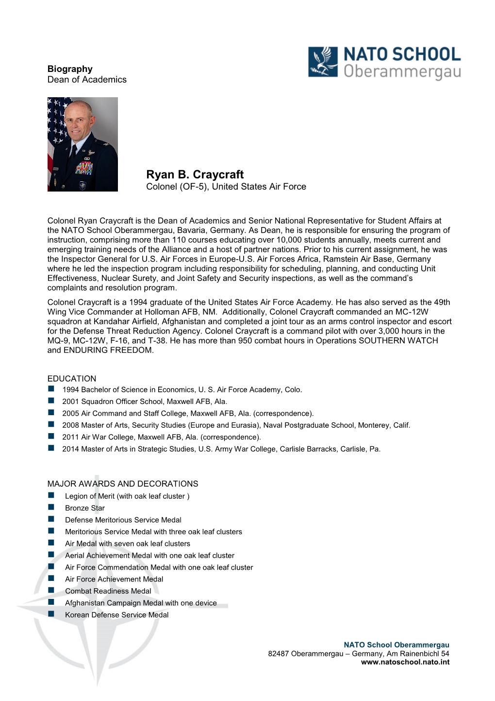 Ryan B. Craycraft Colonel (OF-5), United States Air Force